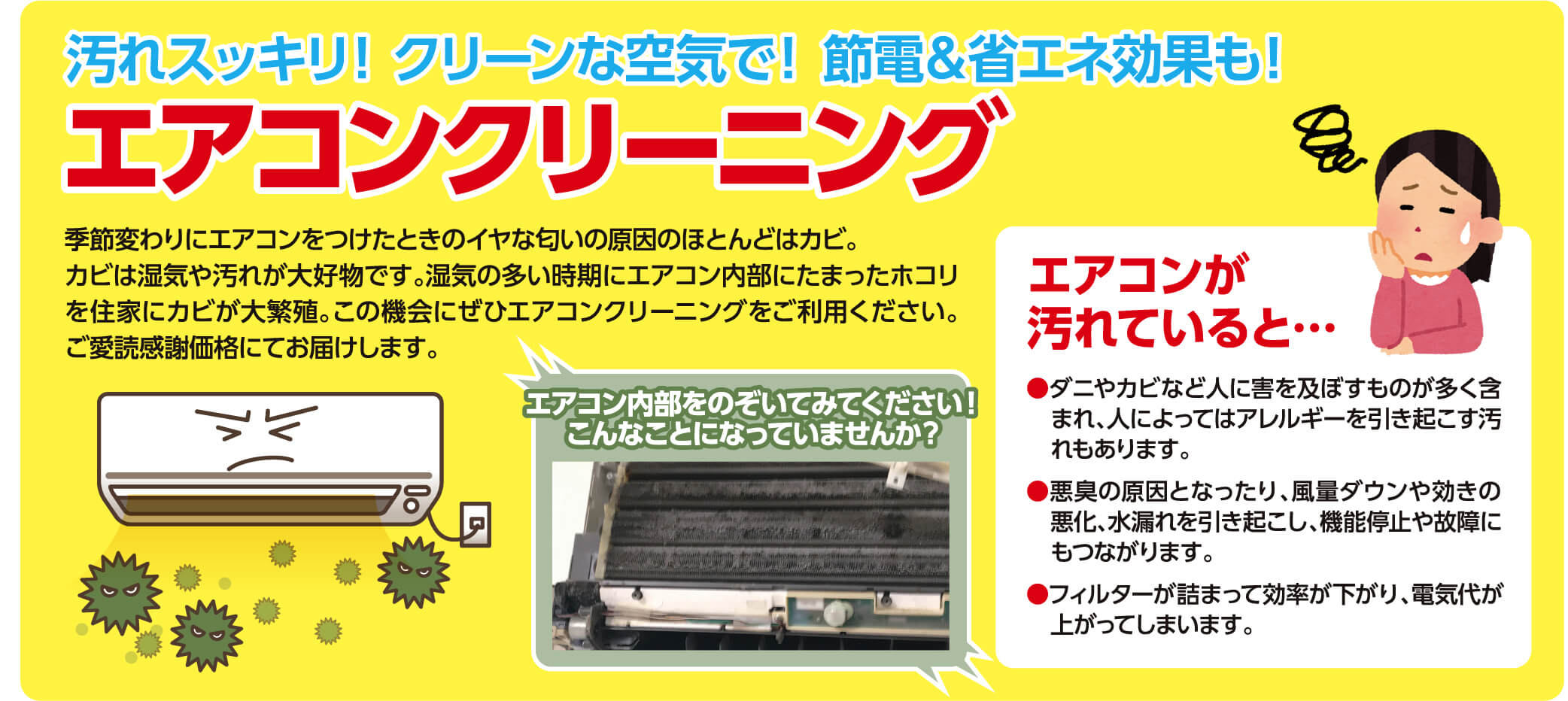 汚れスッキリ! クリーンな空気で! 節電&省工ネ効果も! エアコンクリーニング